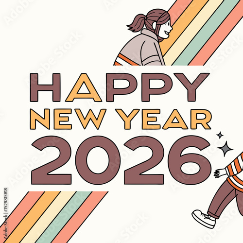 Happy new year 2026 retro style illustration colorful stripes