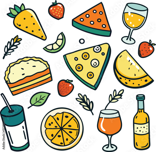Juice and first food line art icon set  