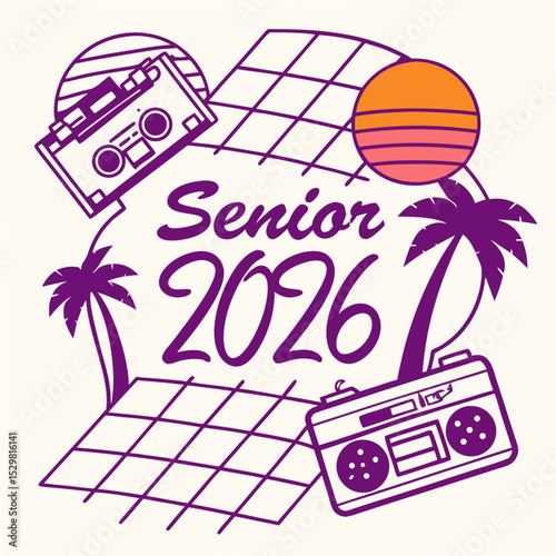 Senior 2026 retro design with boombox and palm trees on white background