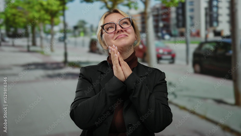Woman with glasses praying on city street outdoors expressing emotion wearing black jacket and turtleneck captured with trees cars and urban environment in background during daytime Woman with glasses praying on city street outdoors expressing emotion wearing black jacket and turtleneck captured with trees cars and urban environment in background during daytime