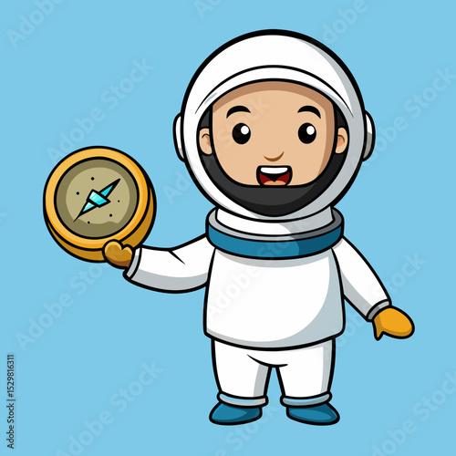 Cartoon astronaut holding a compass on a blue background