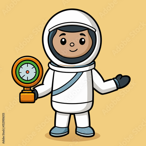 Cartoon astronaut holding a clock in a white spacesuit