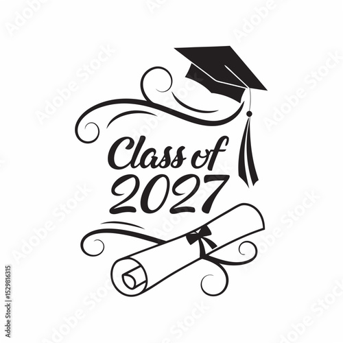 Class of 2027 graduation design element with diploma and cap
