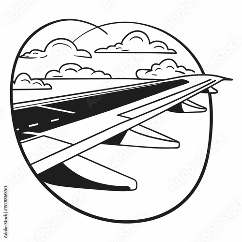 Airplane wing view from window with clouds in the sky