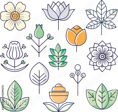 line art tree and tree branch icon set 