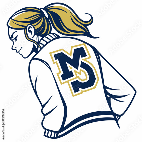 Girl with blonde ponytail wearing varsity jacket ms logo