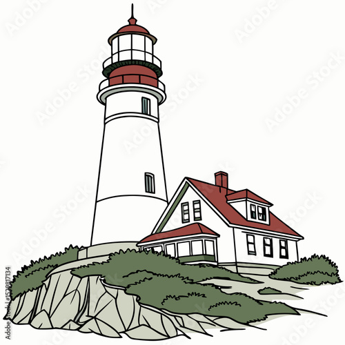 Coastal lighthouse and keeper's house on rocky cliffs