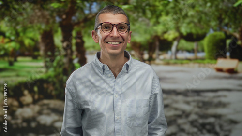 Man smiling in a sunny park, wearing glasses and a striped shirt, surrounded by lush green trees and pathways, creating a joyful outdoor atmosphere.