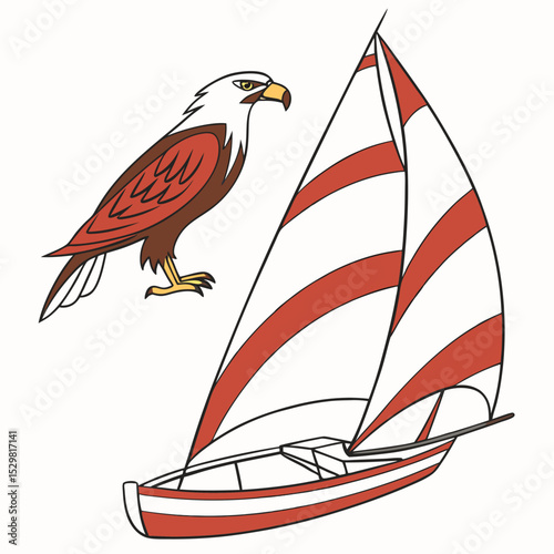 Majestic eagle and red striped sailboat illustration