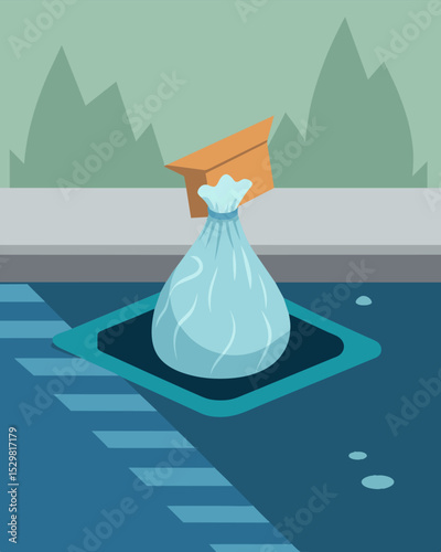 A cled paper bag stuck in a storm drain a potential cause of flooding during heavy rains.. Vector illustration