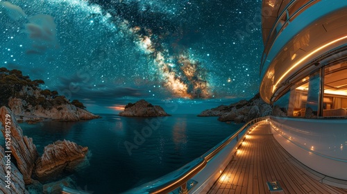 A luxurious yacht docked at a serene seaside location with an expansive night sky filled with twinkling stars and a glowing galaxy, reflecting on the calm water surface for a stunning view.