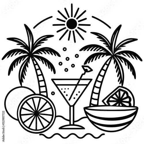 Summer tree and fruit juice glass icon 