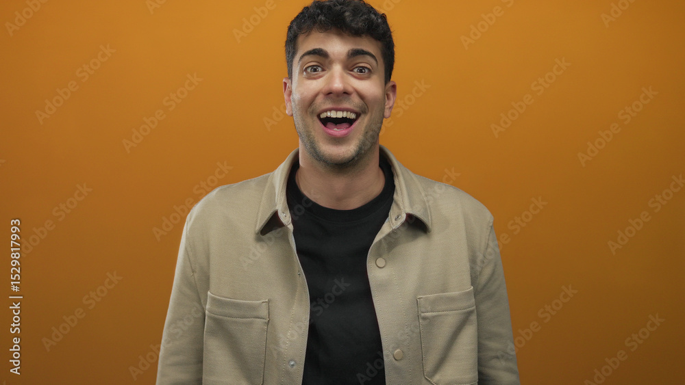Obraz premium Man hands clap on backdrop while young hispanic male smile happy applaud.