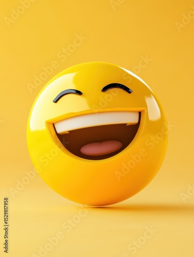 A laughing face emoji ball on a yellow background with copy space. Representing positive emotions like joy, happiness, or laughter.