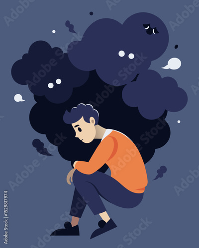 Feeling suffocated by the weight of their own negative thoughts unable to break free.. Vector illustration