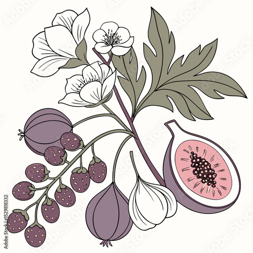 Floral arrangement with figs garlic berries and flowers