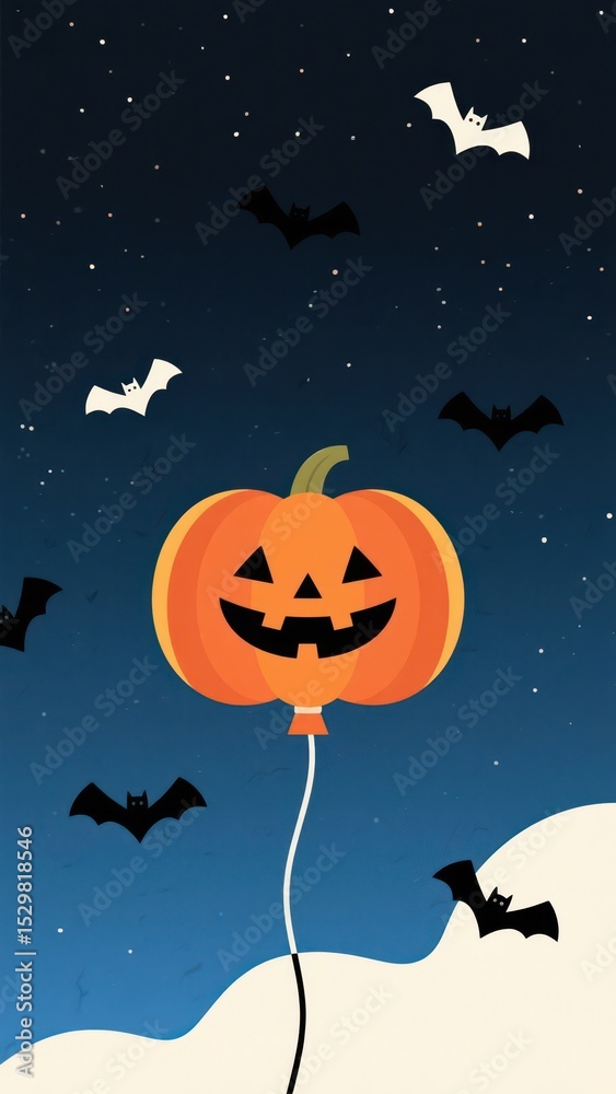 Fototapeta premium Festive Halloween night illustration with a pumpkin balloon and bats, set against a starry sky creating a spooky atmosphere perfect for seasonal cards and digital art .