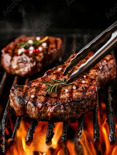 juicy beef steaks on the grill with flames, tongs holding one steak, Generative AI
