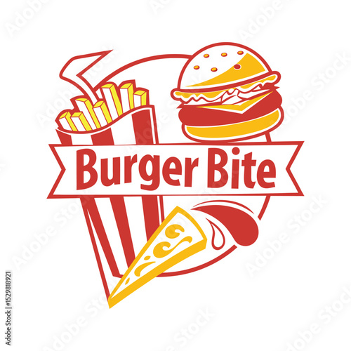 Burger Bite Logo with Fries, Burger, and Cheese Slice on White Background for Fast Food Restaurant Identity