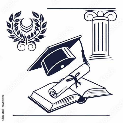 Graduation cap diploma book laurel wreath classical column academic achievement success education knowledge learning wisdom scholarly degree