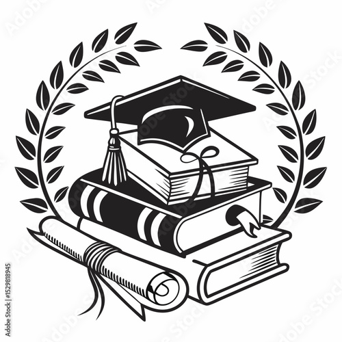 Graduation cap books diploma laurel wreath academic achievement success education knowledge learning wisdom scholarly degree ceremony
