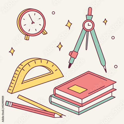 Back to school supplies clock protractor pencils books compass