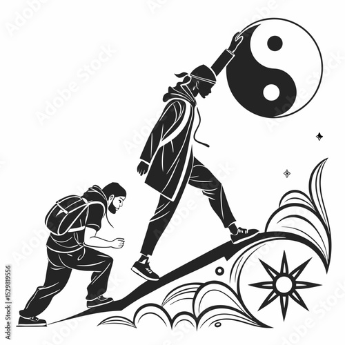 Two figures ascend a path carrying a yin yang symbol