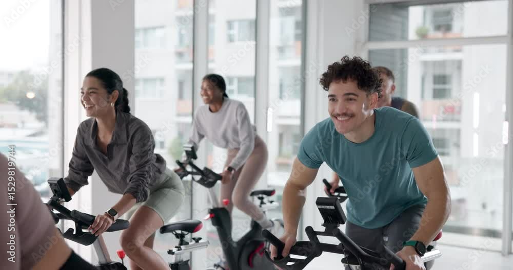 Bike, exercise and group of people in spin class together for cardiovascular challenge or training. Cycling, fitness and stationary bicycle with friends in gym for performance or workout routine