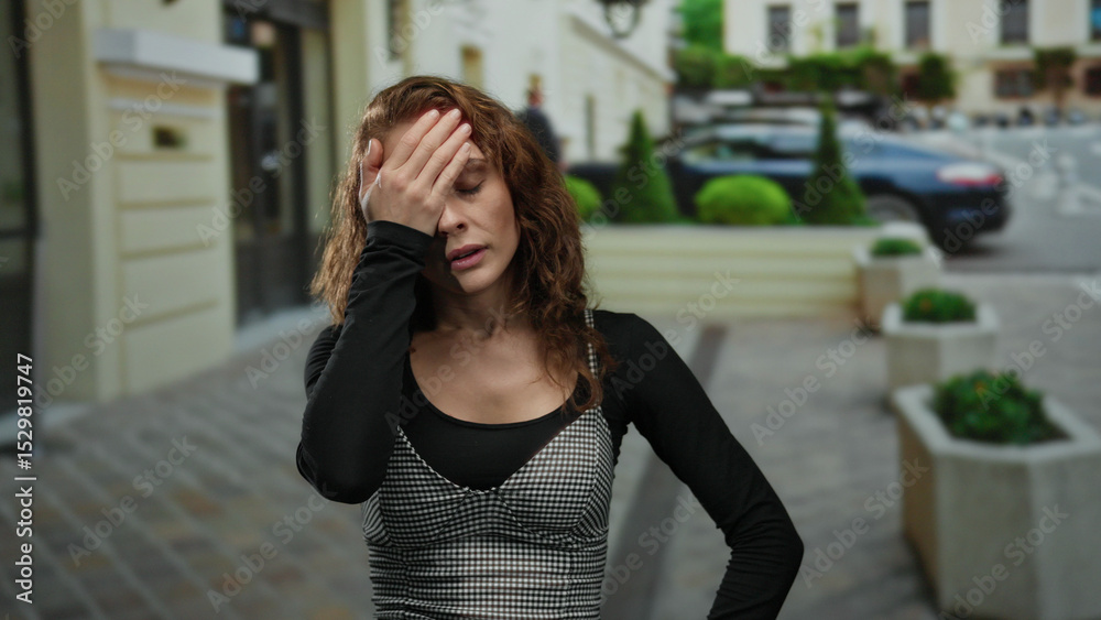 Fototapeta premium Woman with curly hair on city street appearing stressed with eyes closed in an outdoor setting, surrounded by urban buildings and planters, embracing a contemplative moment.