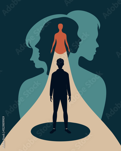 The shadowy outline of a person with two figures inside symbolizing the internal conflict between ones dreams and practicality.. Vector illustration