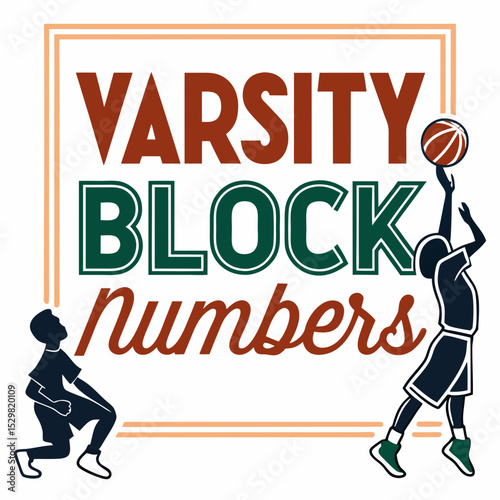 Varsity block numbers basketball players action graphic design