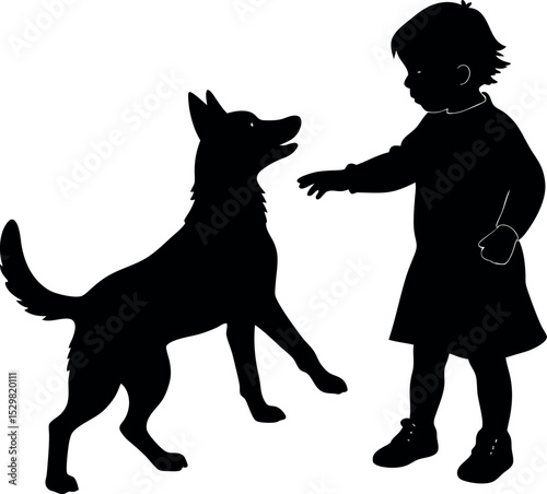 Silhouette of a child playing with dog on white background