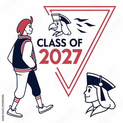Class of 2027 graduation design illustration featuring students in traditional costumes