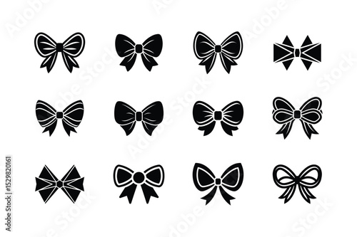 Set of 12 Black Bow Icons in Various Styles vector illustration