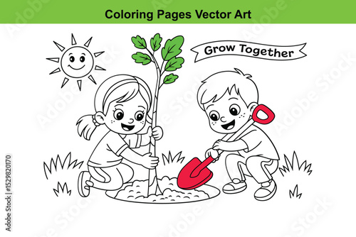 Children planting a tree coloring page vector illustration