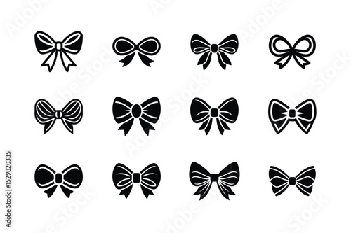 Set of 12 Black Bow Icons in Various Styles vector illustration