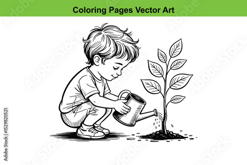 Boy watering plant coloring page vector illustration