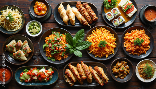Assorted Dishes of Food on a Wooden Table