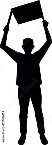 Silhouette of a protester holding signboard on white background
