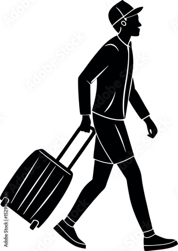 Silhouette of a traveler walking with suitcase on white background