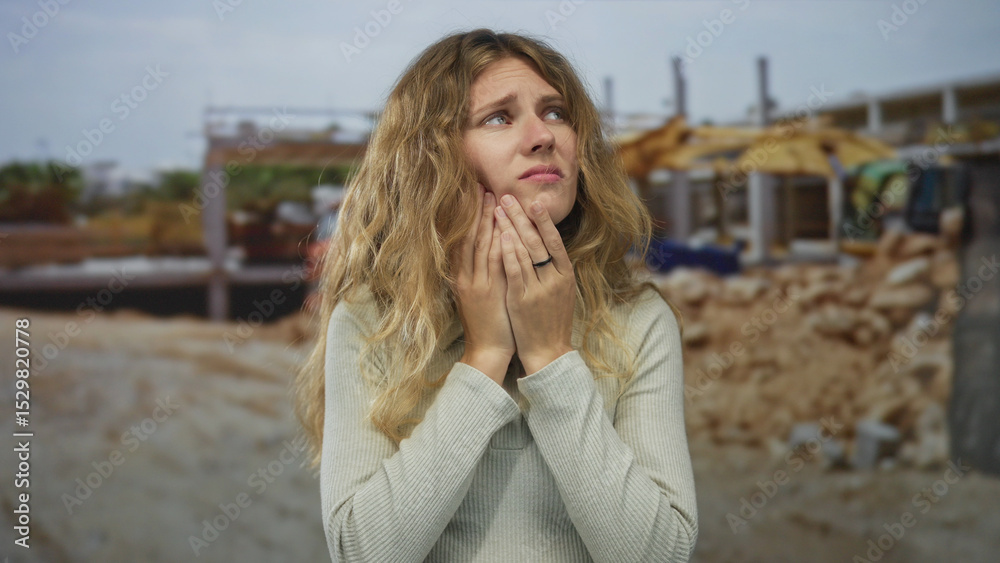 Fototapeta premium Woman holds jaw with wincing expression at construction site experiencing tooth pain as a blonde young figure showing grimace on hands.