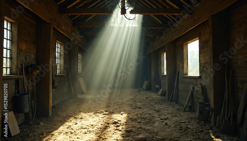 Barn Interior with Light Shafts and Farm Tools