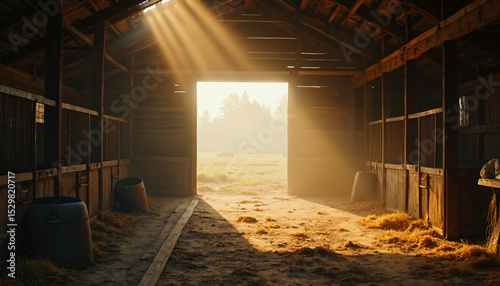 Barn Interior with Stalls and Open Doorway to Meadow