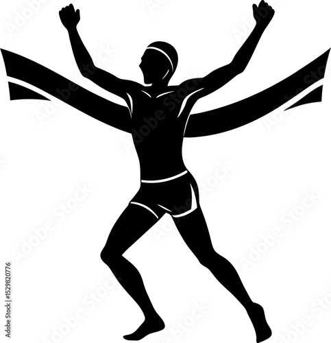 Silhouette of athlete crossing finish line on white background