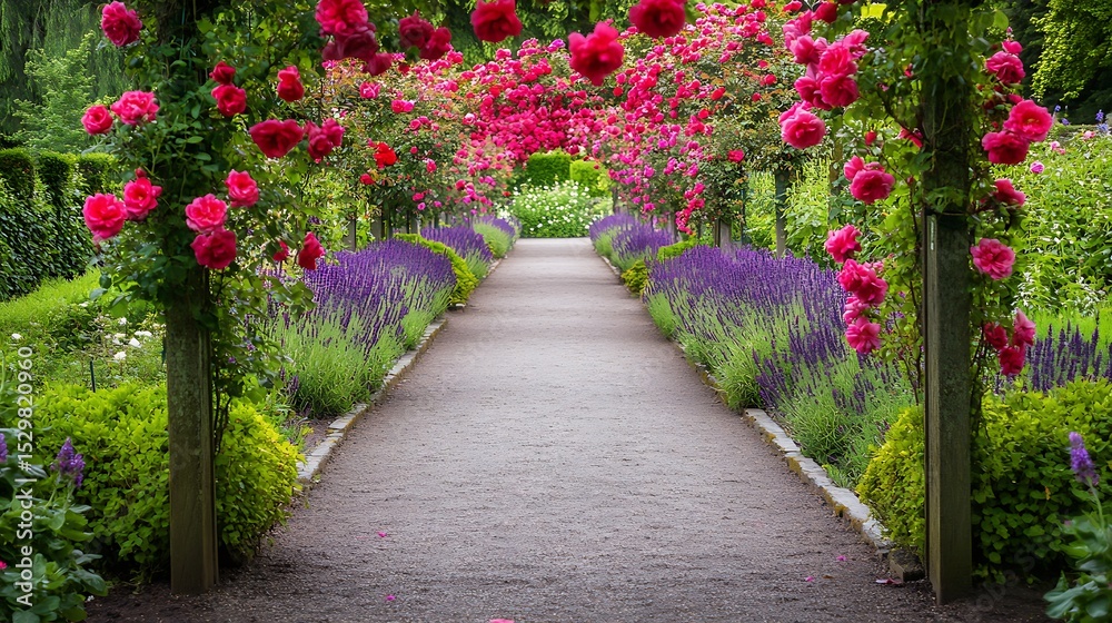 A tranquil garden path lined with blooming roses and fragrant lavender A tranquil garden path lined with blooming roses and fragrant lavender