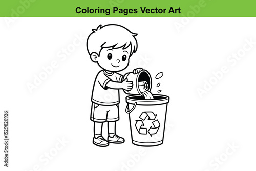 Boy recycling trash coloring page vector illustration