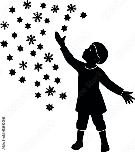 Silhouette of boy catching falling snowflakes on white background