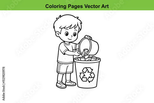 Boy recycling trash coloring page vector illustration