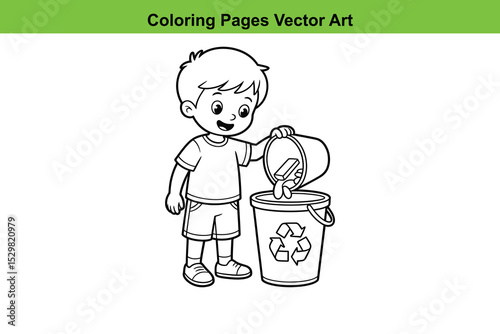 Boy recycling trash coloring page vector illustration