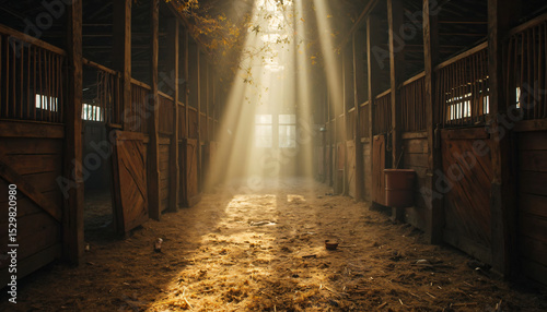 Interior of Horse Barn with Wooden Stalls and Sunlight